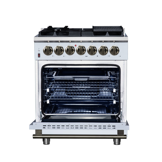 Forno Massimo 30-Inch Freestanding Dual Fuel Range in White with Antique Brass Accessories, 4 Burners, 4.32 cu. ft. Convection Oven