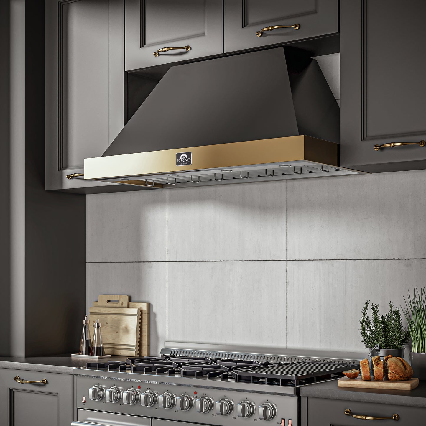 Forno Vittorio 48-Inch Wall Mount Range Hood, Black with Antique Brass Trim, 600 CFM Airflow, Dishwasher-Safe Baffle Filters, Remote Control, 3-Speed Fan, Bright LED Lighting.