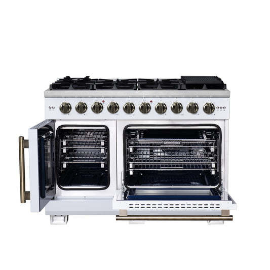 Forno Capriasca 48-Inch White Freestanding French Door Gas Range, 8 Burners, Convection Oven, Energy Efficient