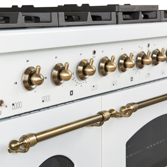 Forno Antico 48-Inch Freestanding Gas Range, White, Antique Brass Design, 8 Burners, Griddle, Double Ovens, Energy Efficient
