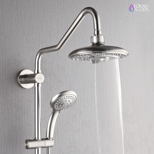 Forno Acqua AcquaSPA Retrofit Shower, Overhead Rainfall, 8 Inch Shower Head, Handheld Shower Head, Body Jets, 6 Way Diverter, Brushed Nickel Finish, 2.5 GPM Flow Rate