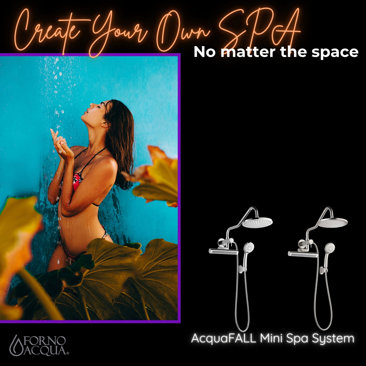 Forno Acqua AcquaFALL Mini Shower Head, Brushed Nickel Finish, Overhead Rainfall Shower, 7 Way Diverter, Handheld Shower Head, Body Jets, 2.5 GPM Flow Rate