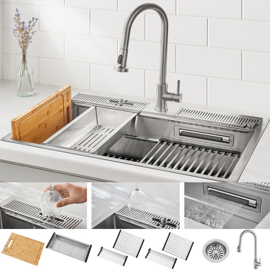 FORNO ACQUA 33 in. Drop-In/Undermount 3-Level Workstation Sink with Faucet, Waterfall & Glass Rinser