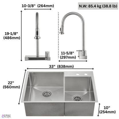 FORNO ACQUA 33 in. Drop-In/Undermount 40/60 Double Bowl Stainless Steel Sink with Waterfall Faucet