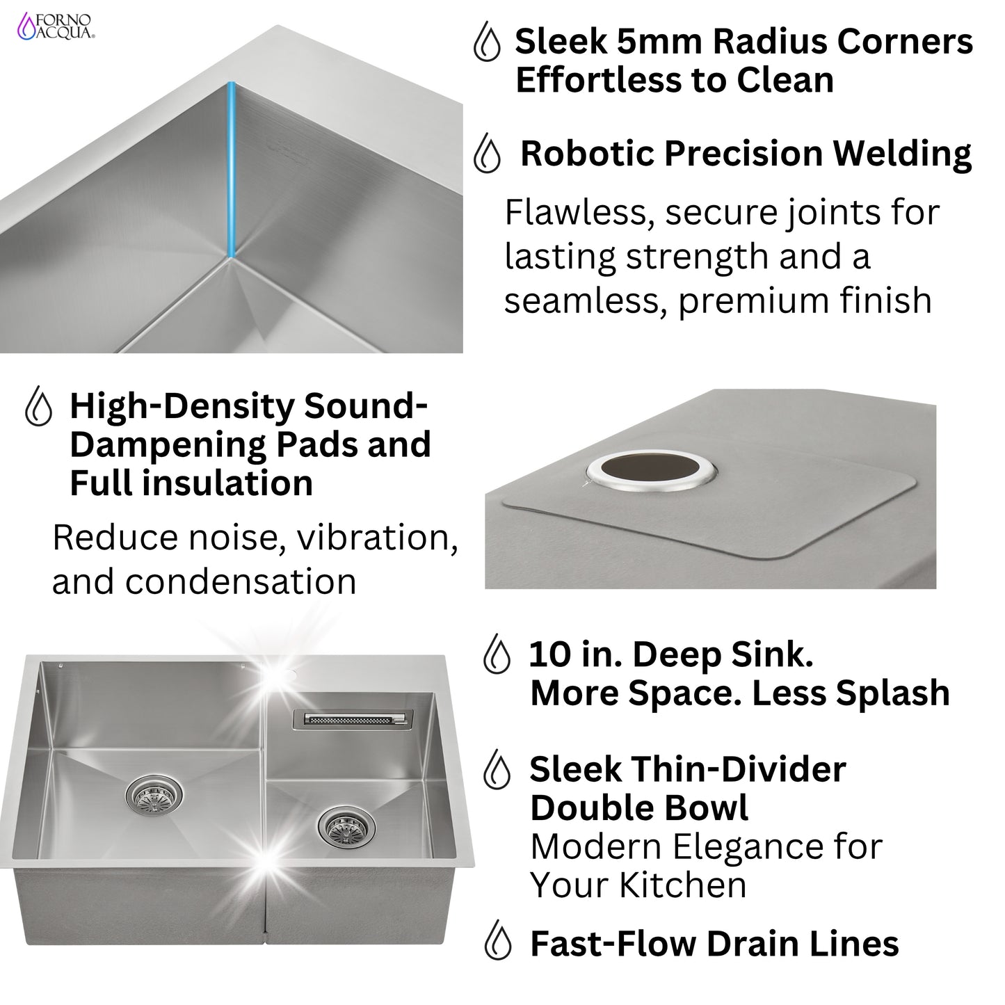 FORNO ACQUA 33 in. Drop-In/Undermount 40/60 Double Bowl Sink with Retractable Faucet & Waterfall
