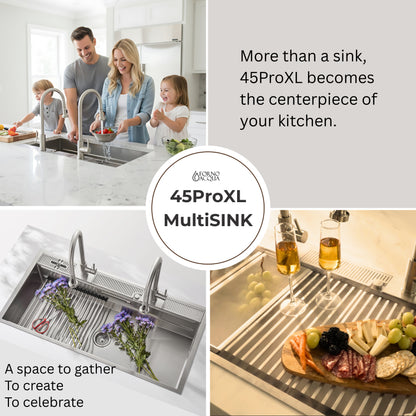 FORNO ACQUA 45 in. Drop-In/Undermount 3-Level Workstation Sink with Two Faucets & Glass Rinser