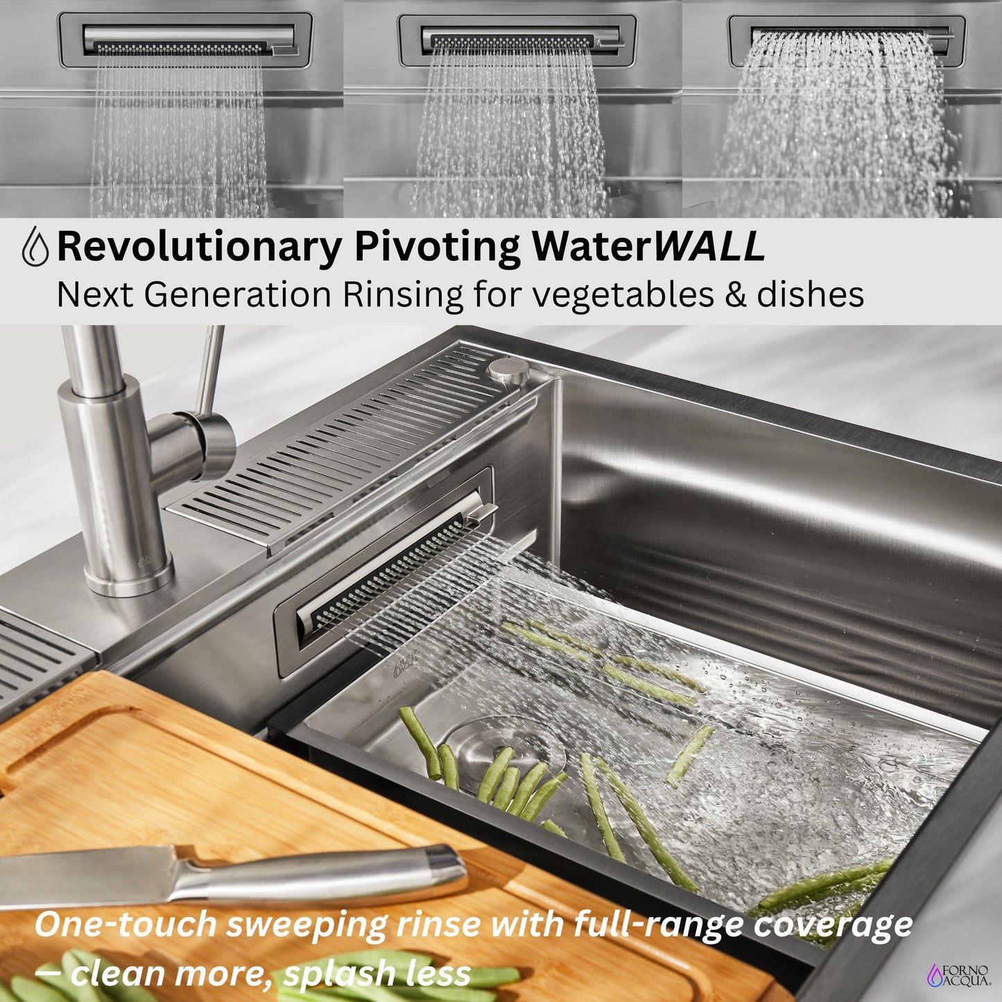 FORNO ACQUA MultiSINK kit with Integrated Waterfall Rinsing and Glass Washing Station.  Includes Chef Faucet and Accessories.