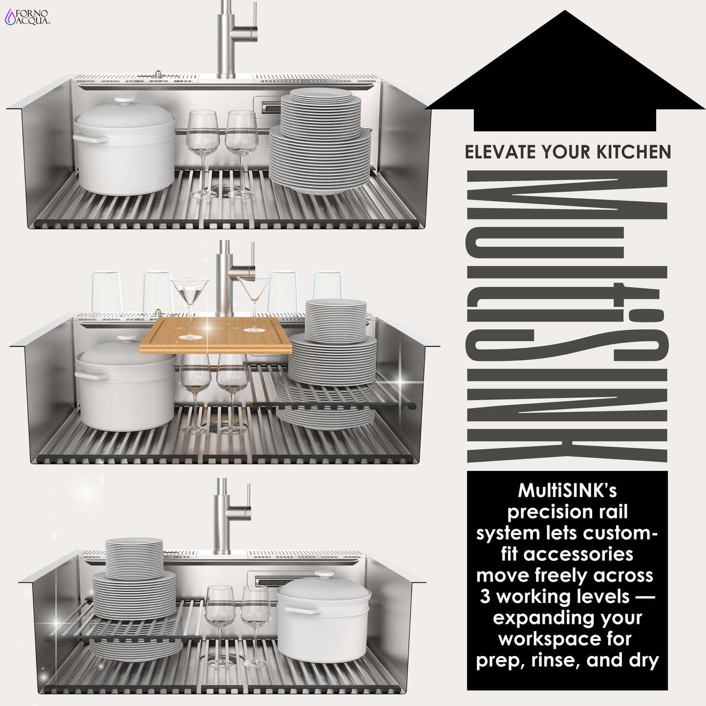 FORNO ACQUA 33 in. Drop-In/Undermount 3-Level Workstation Sink with Waterfall Faucet & Glass Rinser