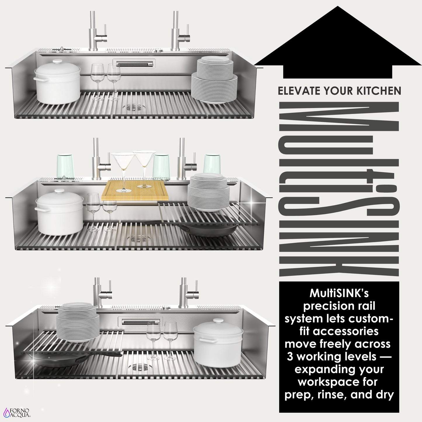 FORNO ACQUA 45 in. Undermount 3-Level Workstation MultiSINK with Custom-Fit Accessories
