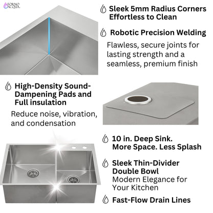FORNO ACQUA 33 in. Drop-In/Undermount 40/60 Double Bowl Stainless Steel Sink with Waterfall Faucet