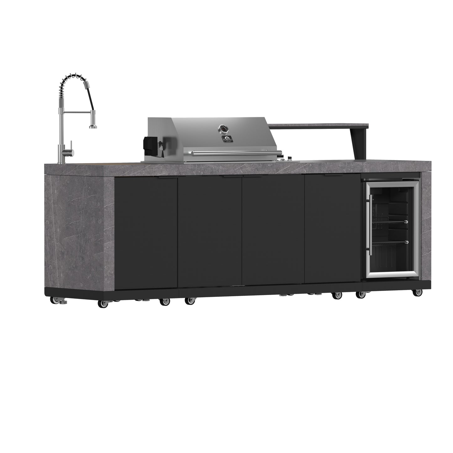 Forno Rimini Outdoor Kitchen 30" BBQ 62,600 BTU, 3 Burners with Sear & Rotisserie, 2.4 cu.ft. Beverage Center, Stainless Steel Sink, Black Cabinets & Gray Sintered Stone Countertop