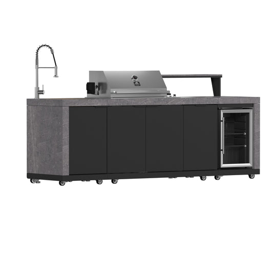 Forno Rimini Outdoor Kitchen 30" BBQ 62,600 BTU, 3 Burners with Sear & Rotisserie, 2.4 cu.ft. Beverage Center, Stainless Steel Sink, Black Cabinets & Gray Sintered Stone Countertop