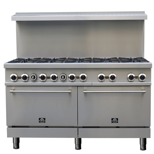 Forno Commerciale 60 Inch Stainless Steel Gas Range, 10 Burners 300,000 BTU Total, 9.3 cu.ft. Ovens