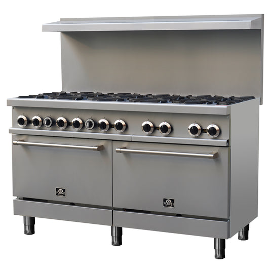 Forno Commerciale 60 Inch Stainless Steel Gas Range, 10 Burners 300,000 BTU Total, 9.3 cu.ft. Ovens