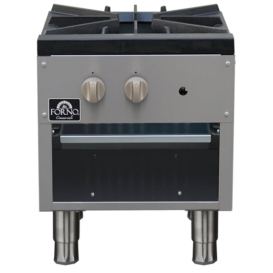 Forno Commerciale gas stock pot range, 1 powerful 3-ring burner, 80,000 BTU, durable stainless steel, heavy-duty cast iron grate