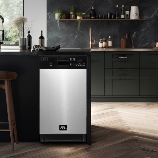 FORNO 3-Piece Stainless Steel Kitchen Appliance Bundle – Home Depot Exclusive – 24” Electric Range, 18” Dishwasher, 24” Bottom Freezer Refrigerator Right Swing | SKU: FBDL-THD-001