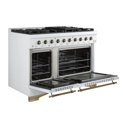 Forno Antico 48-Inch Dual Fuel Range, White with Antique Brass Finish, 8 Burners, 94,000 BTU, 5.5 cu.ft. Double Ovens & Griddle