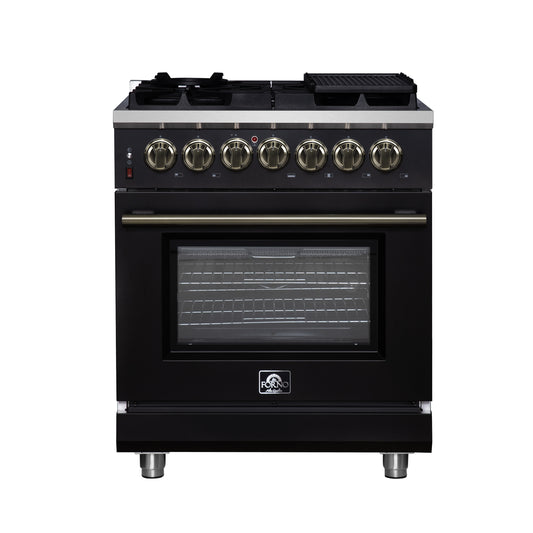 Forno Massimo 30-Inch Freestanding Dual Fuel Range in Black with Antique Brass Accessories, 4 Burners, 4.32 cu. ft. Convection Oven