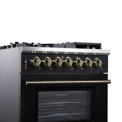 Forno Massimo 30-Inch Freestanding Dual Fuel Range in Black with Antique Brass Accessories, 4 Burners, 4.32 cu. ft. Convection Oven