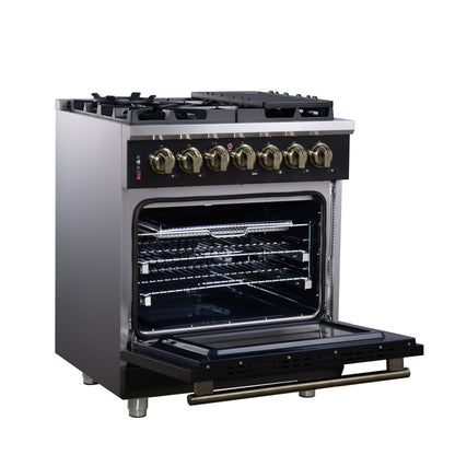 Forno Massimo 30-Inch Freestanding Dual Fuel Range in Black with Antique Brass Accessories, 4 Burners, 4.32 cu. ft. Convection Oven
