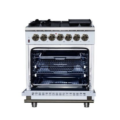 Forno Massimo 30-Inch Freestanding Dual Fuel Range in White with Antique Brass Accessories, 4 Burners, 4.32 cu. ft. Convection Oven