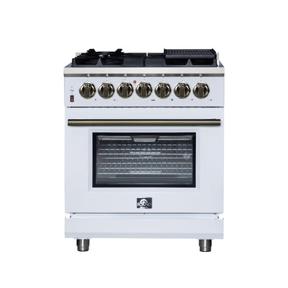Forno Massimo 30-Inch Freestanding Dual Fuel Range in White with Antique Brass Accessories, 4 Burners, 4.32 cu. ft. Convection Oven