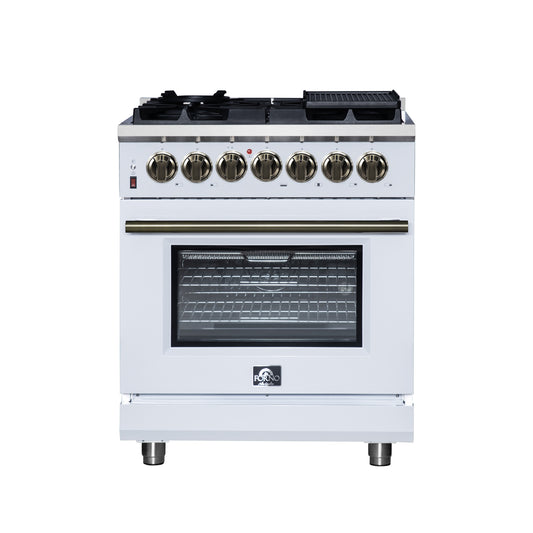 Forno Massimo 30-Inch Freestanding Dual Fuel Range in White with Antique Brass Accessories, 4 Burners, 4.32 cu. ft. Convection Oven