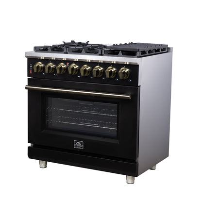 Forno Massimo 36 Inch Freestanding Dual Fuel Range in Black with Antique Brass Accessories, 6 Burners, 5.36 cu. ft. Convection Oven