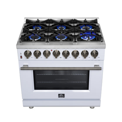 Forno Massimo 36 Inch Freestanding Dual Fuel Range in White with Antique Brass Accessories, 6 Burners, 5.36 cu. ft. Convection Oven
