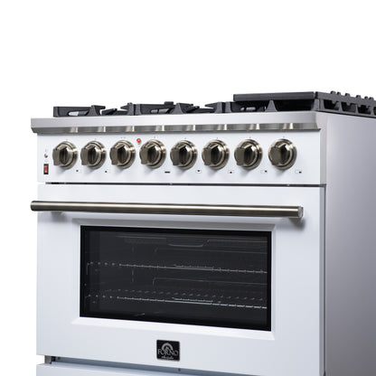 Forno Massimo 36 Inch Freestanding Dual Fuel Range in White with Antique Brass Accessories, 6 Burners, 5.36 cu. ft. Convection Oven