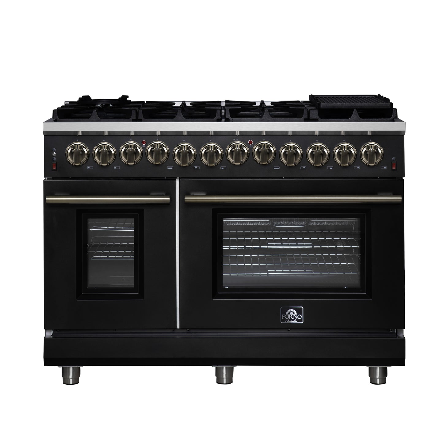 Forno Massimo 48 Inch Freestanding Dual Fuel Range in Black with Antique Brass Accessories, 8 Burners, 6.58 cu. ft. Convection Oven