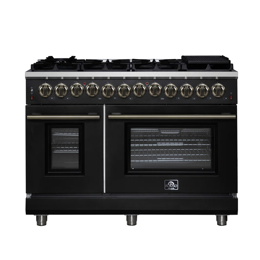 Forno Massimo 48 Inch Freestanding Dual Fuel Range in Black with Antique Brass Accessories, 8 Burners, 6.58 cu. ft. Convection Oven