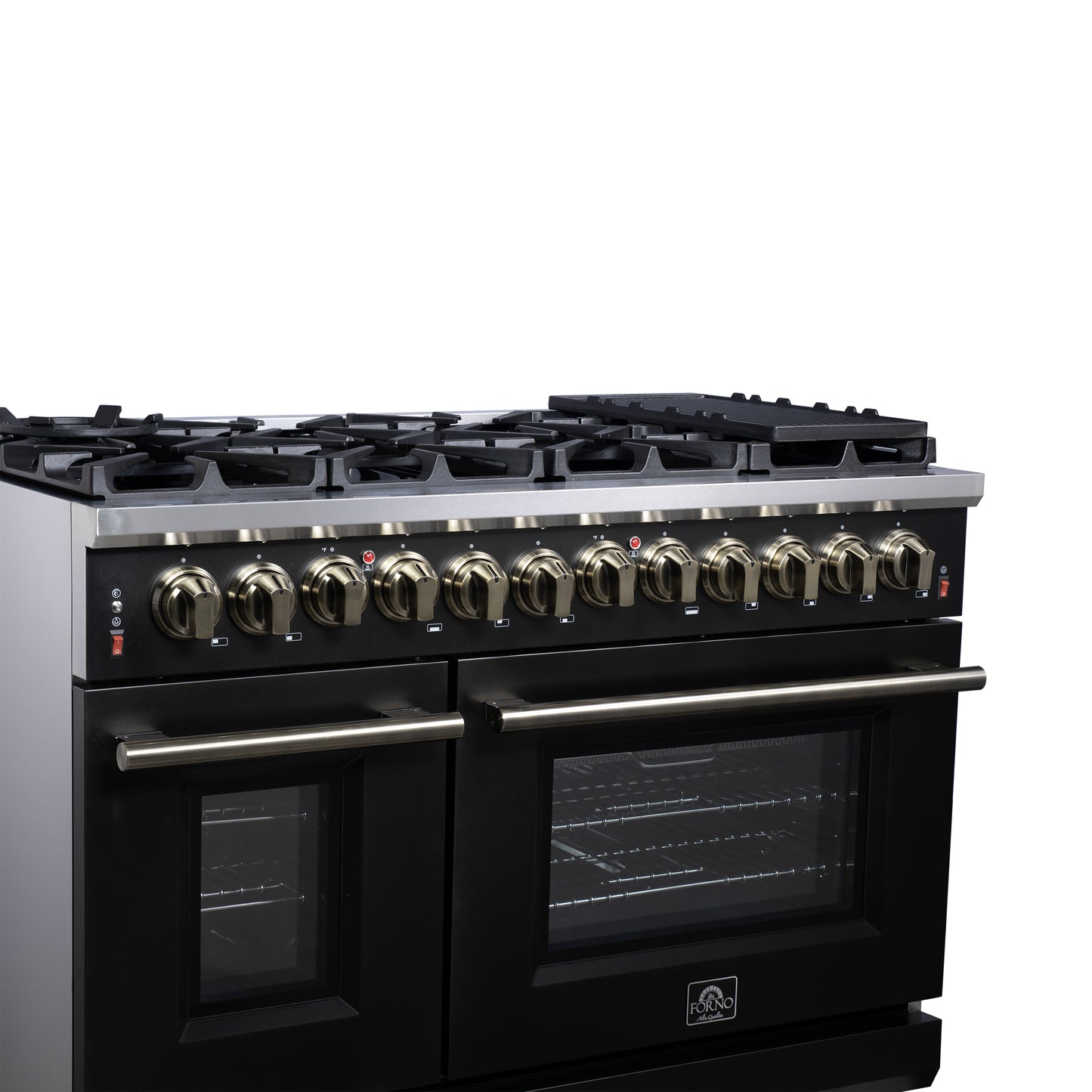 Forno Massimo 48 Inch Freestanding Dual Fuel Range in Black with Antique Brass Accessories, 8 Burners, 6.58 cu. ft. Convection Oven