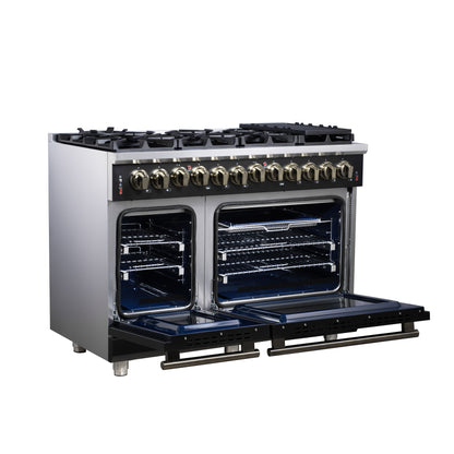 Forno Massimo 48 Inch Freestanding Dual Fuel Range in Black with Antique Brass Accessories, 8 Burners, 6.58 cu. ft. Convection Oven