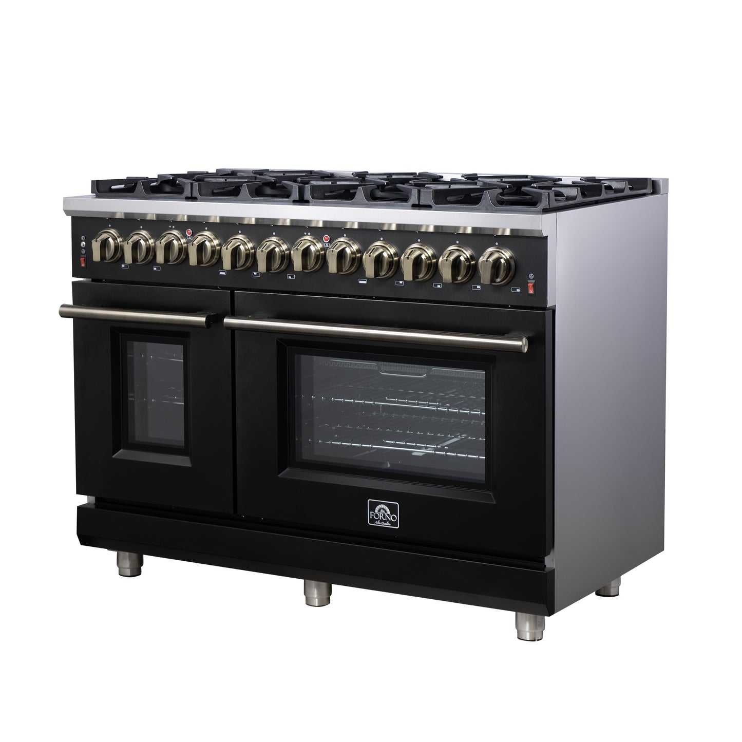 Forno Massimo 48 Inch Freestanding Dual Fuel Range in Black with Antique Brass Accessories, 8 Burners, 6.58 cu. ft. Convection Oven