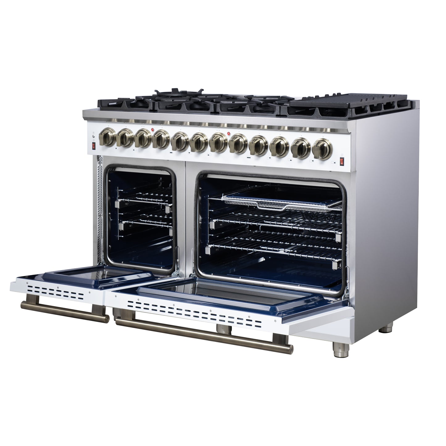 Forno Massimo 48 Inch Freestanding Dual Fuel Range in White with Antique Brass Accessories, 8 Burners, 6.58 cu. ft. Convection Oven