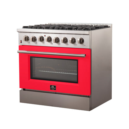 Forno Galiano 36-Inch Freestanding Dual Fuel Range, 6 Burners, Double Convection Ovens, Red Door