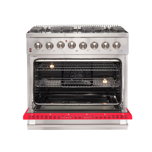 Forno Galiano 36-Inch Freestanding Dual Fuel Range, 6 Burners, Double Convection Ovens, Red Door