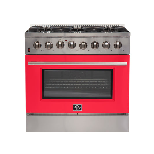Forno Galiano 36-Inch Freestanding Dual Fuel Range, 6 Burners, Double Convection Ovens, Red Door