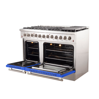 Forno Galiano 48-Inch Freestanding Dual Fuel Range, 8 Burners, Double Convection Ovens, Blue Doors