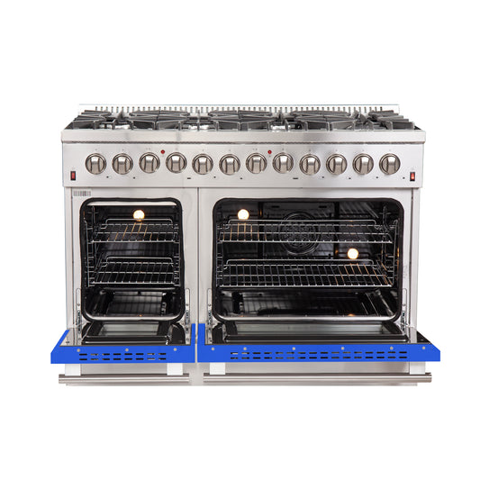 Forno Galiano 48-Inch Freestanding Dual Fuel Range, 8 Burners, Double Convection Ovens, Blue Doors