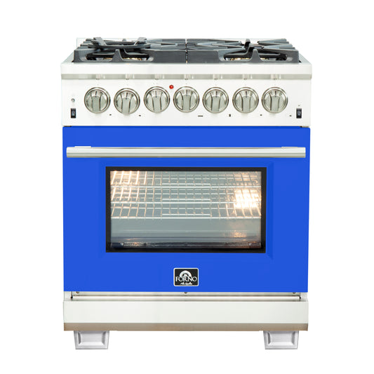 Forno Capriasca 30-Inch Freestanding Dual Fuel Range, 4 Burners, True Convection Oven, Blue Door