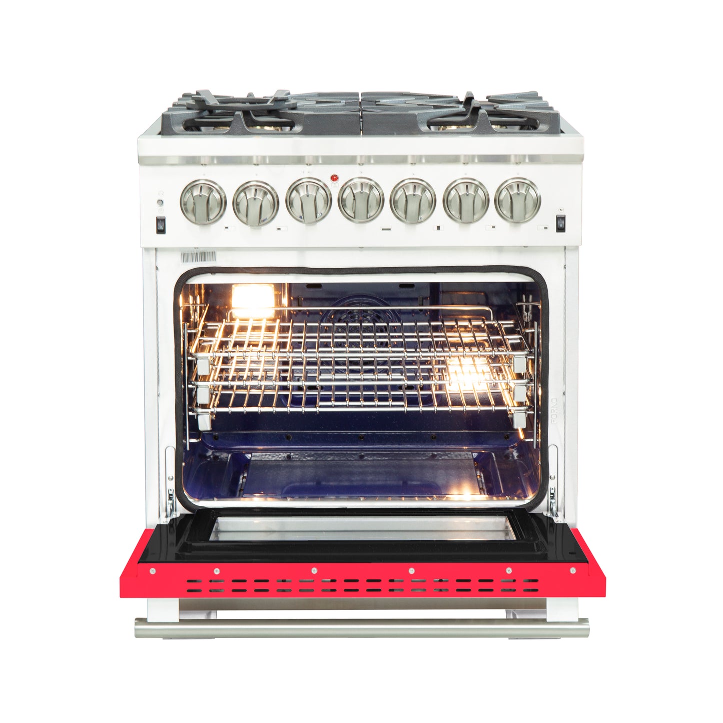 Forno Capriasca 30-Inch Freestanding Dual Fuel Range, 4 Burners, True Convection Oven, Red Door
