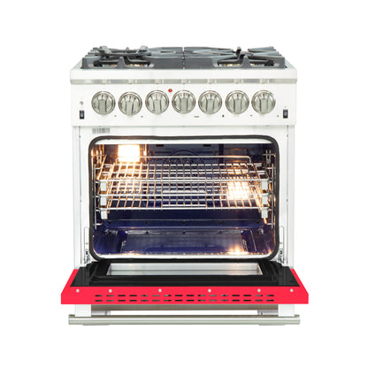 Forno Capriasca 30-Inch Freestanding Dual Fuel Range, 4 Burners, True Convection Oven, Red Door