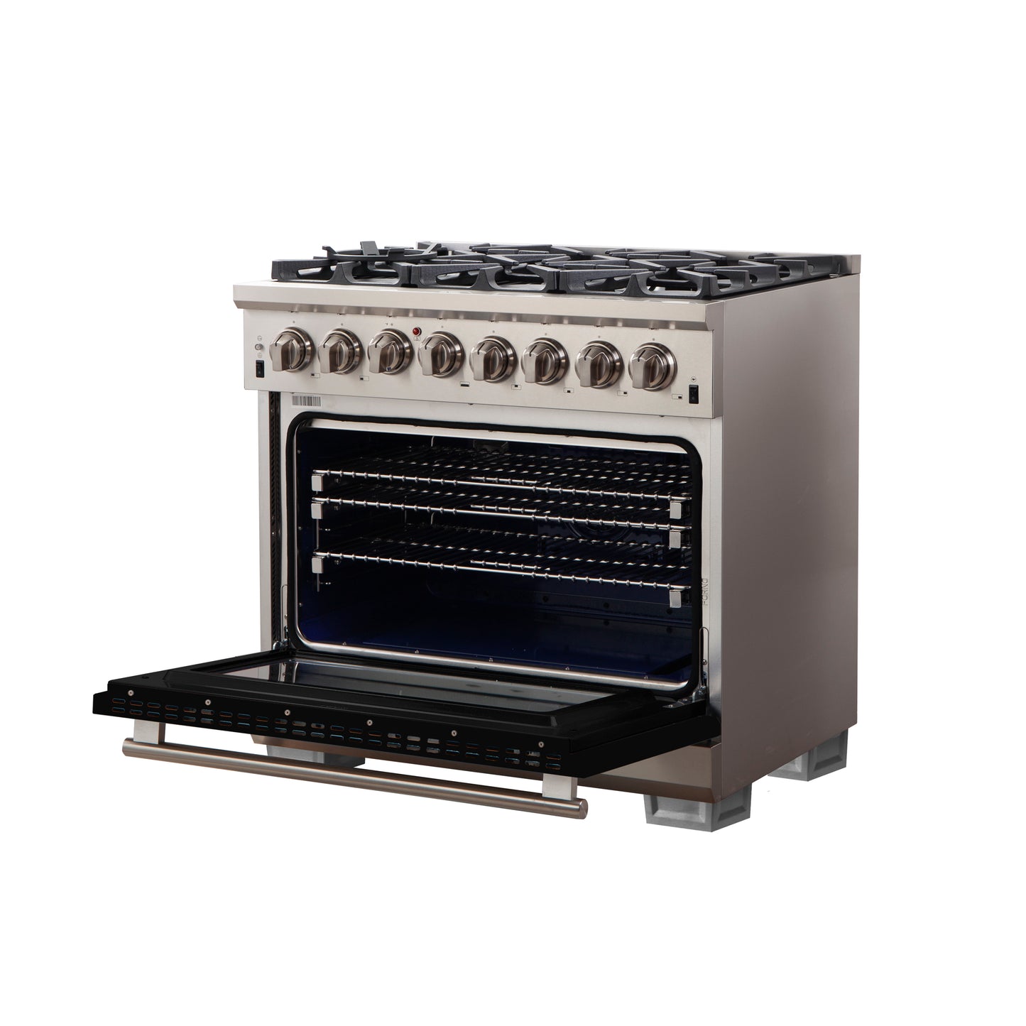 Forno Capriasca 36-Inch Freestanding Dual Fuel Range, 6 Burners, True Convection Oven, Black Door