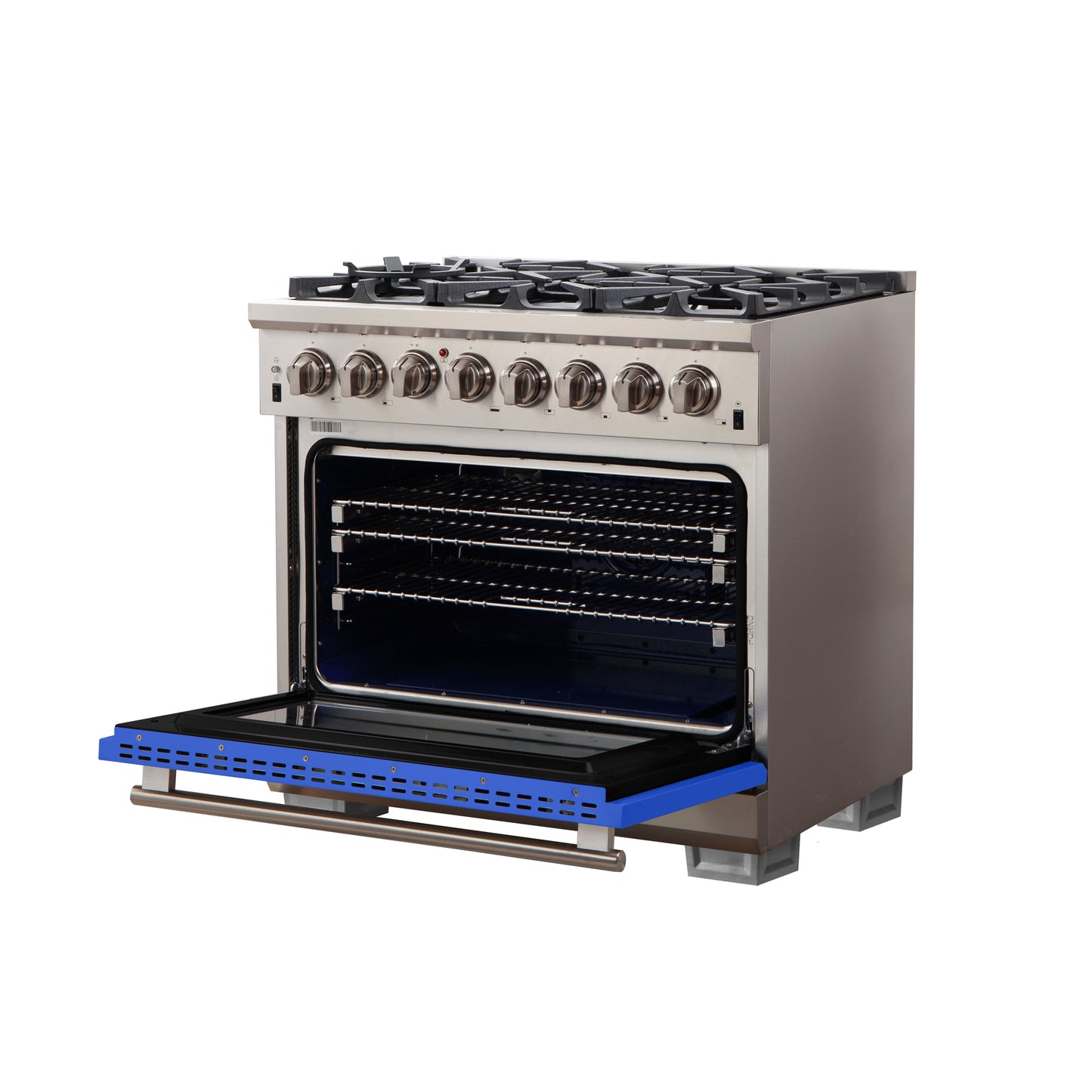 Forno Capriasca 36-Inch Freestanding Dual Fuel Range, 6 Burners, True Convection Oven, Blue Door