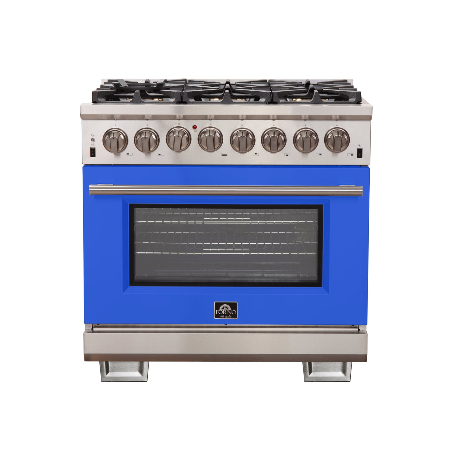 Forno Capriasca 36-Inch Freestanding Dual Fuel Range, 6 Burners, True Convection Oven, Blue Door