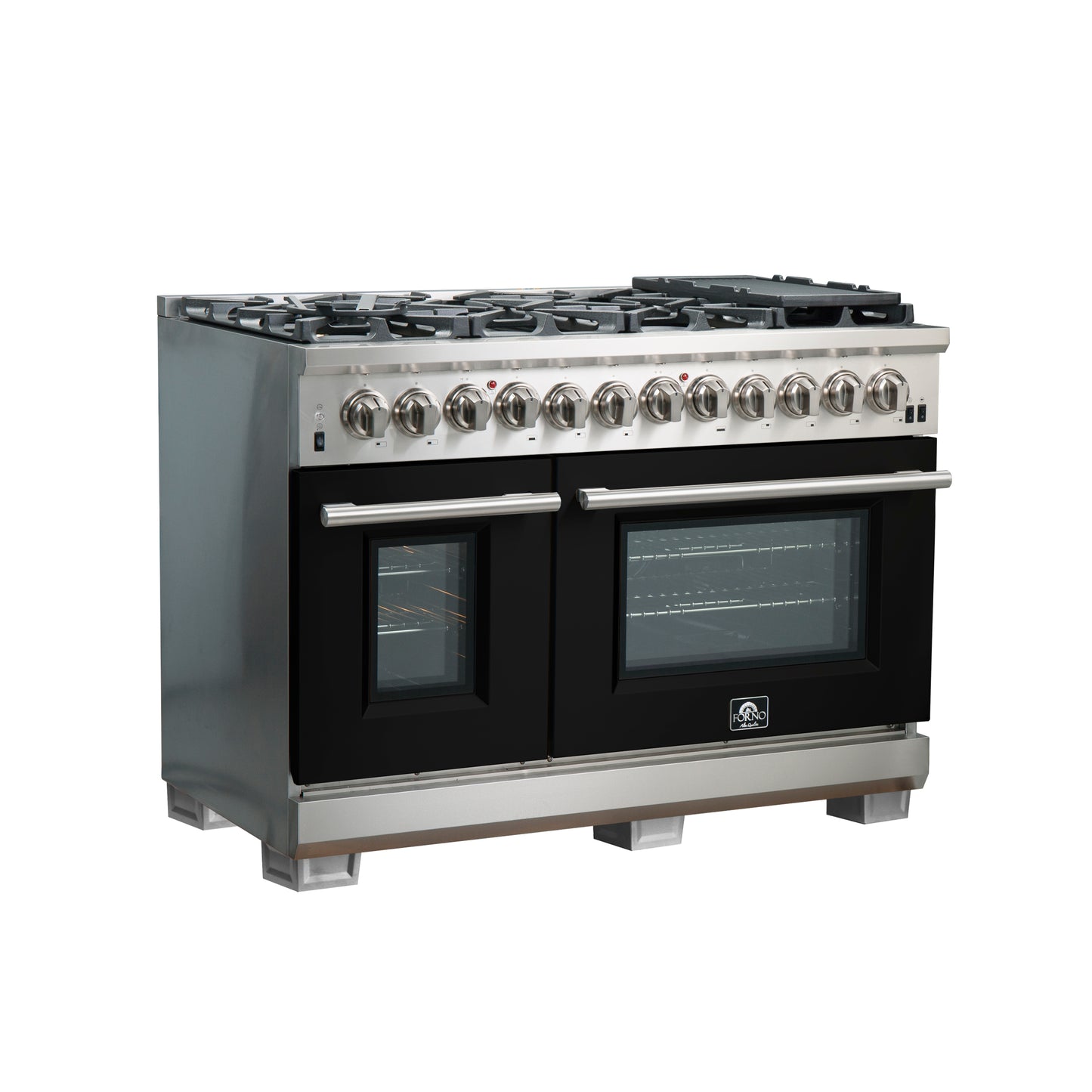Forno Capriasca 48-Inch Freestanding Dual Fuel Range, 8 Burners, True Convection Oven, Black Doors