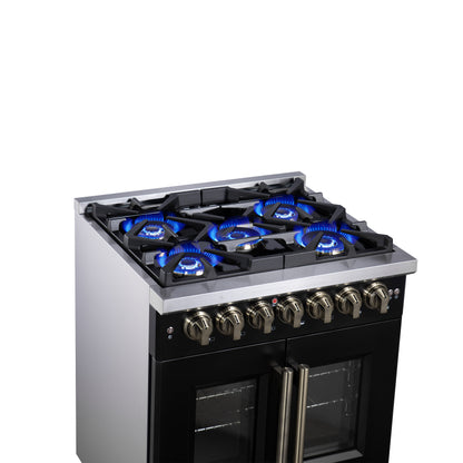 Forno Capriasca 30-Inch Freestanding French Door Dual Fuel Range in Black with Antique Brass Accessories, 5 Burners, True Convection Oven