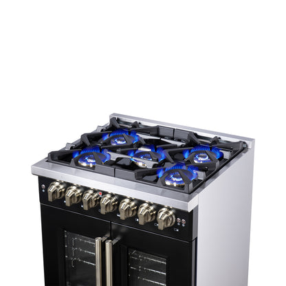 Forno Capriasca 30-Inch Freestanding French Door Dual Fuel Range in Black with Antique Brass Accessories, 5 Burners, True Convection Oven